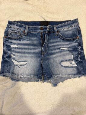 Buckle Distressed Blue Jean Shorts with Frayed Hem